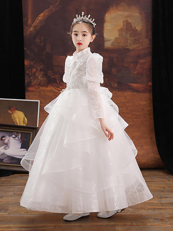 Girls' Princess Dress Banquet Gown Flower Girl Wedding Dress Long Sleeve Piano Performance Costume - Dorabear