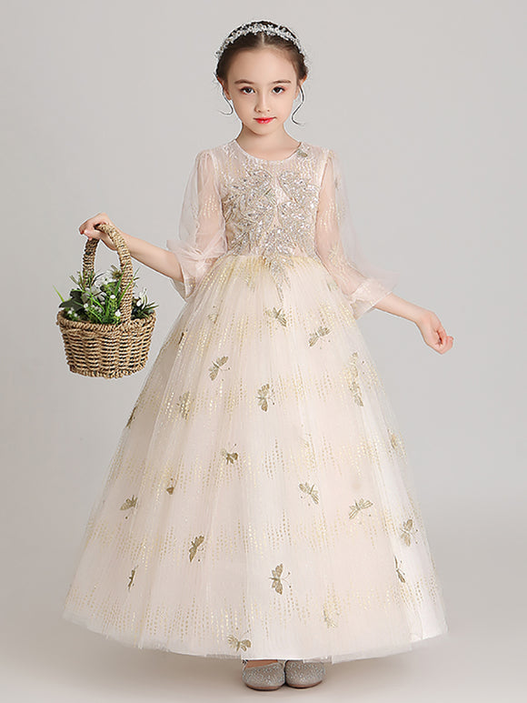 Girls' Princess Dress Flower Girl Wedding Dress Piano Performance Costume Long Sleeve Gown - Dorabear