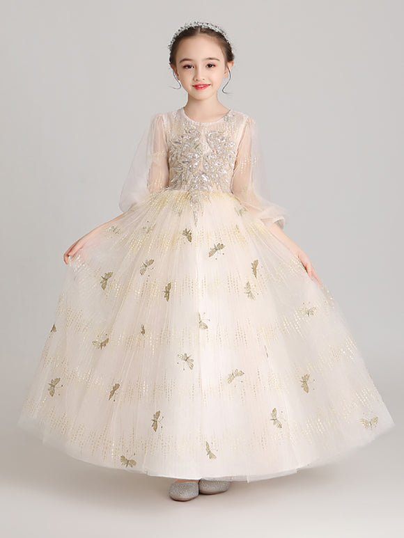 Girls' Princess Dress Flower Girl Wedding Dress Piano Performance Costume Long Sleeve Gown - Dorabear