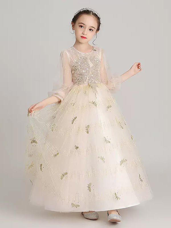 Girls' Princess Dress Flower Girl Wedding Dress Piano Performance Costume Long Sleeve Gown - Dorabear