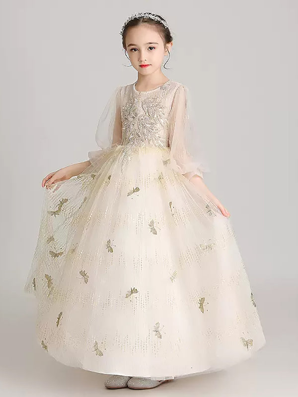 Girls' Princess Dress Flower Girl Wedding Dress Piano Performance Costume Long Sleeve Gown - Dorabear