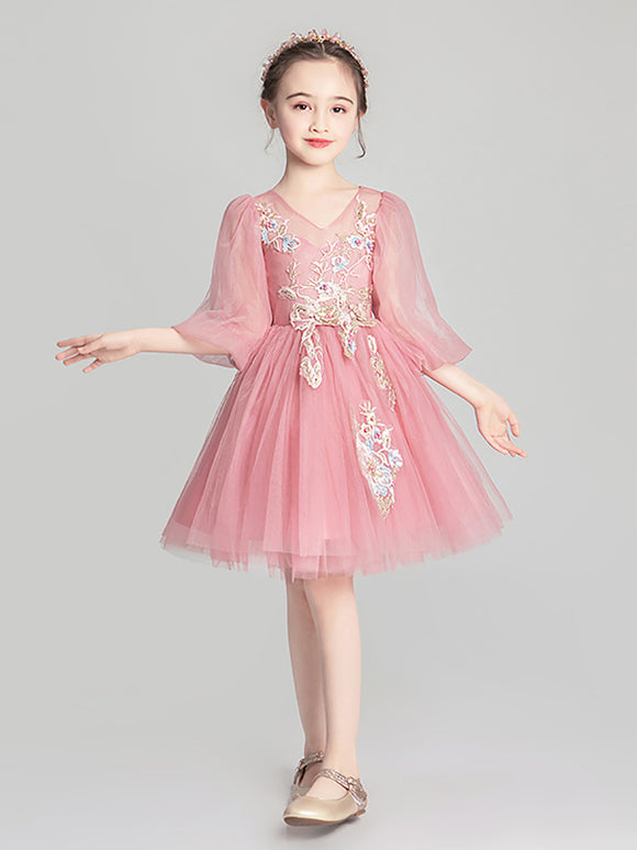 Girls' Princess Dress Long Sleeve Evening Gown Flower Kid's High-end Wedding Dress - Dorabear