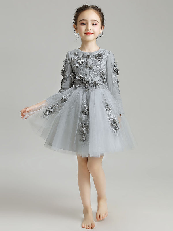 Girls' Princess Dress Puffy Gauze Evening Dress Grey Long-sleeved Performance Costume - Dorabear