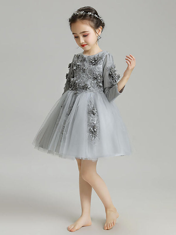 Girls' Princess Dress Puffy Gauze Evening Dress Grey Long-sleeved Performance Costume - Dorabear