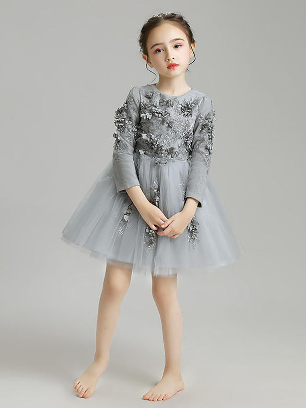 Girls' Princess Dress Puffy Gauze Evening Dress Grey Long-sleeved Performance Costume - Dorabear