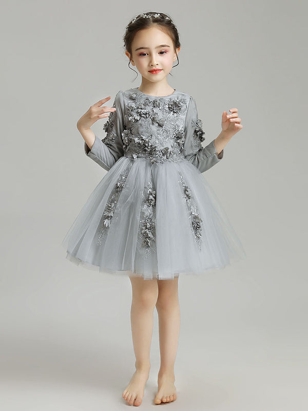 Girls' Princess Dress Puffy Gauze Evening Dress Grey Long-sleeved Performance Costume - Dorabear