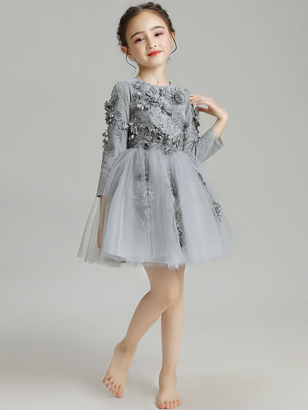 Girls' Princess Dress Puffy Gauze Evening Dress Grey Long-sleeved Performance Costume - Dorabear