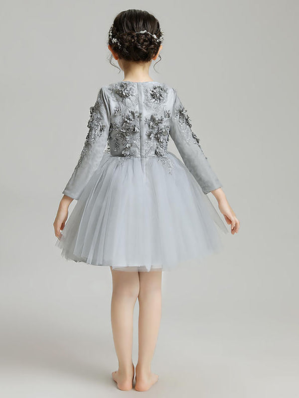 Girls' Princess Dress Puffy Gauze Evening Dress Grey Long-sleeved Performance Costume - Dorabear