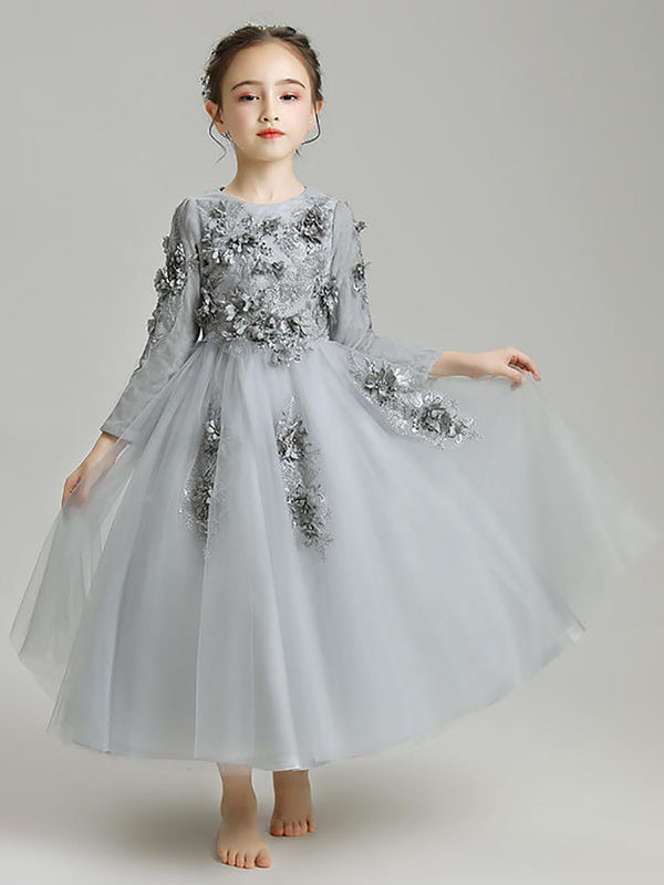 Girls' Princess Dress Puffy Gauze Evening Dress Grey Long-sleeved Performance Costume - Dorabear