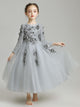 Girls' Princess Dress Puffy Gauze Evening Dress Grey Long-sleeved Performance Costume - Dorabear