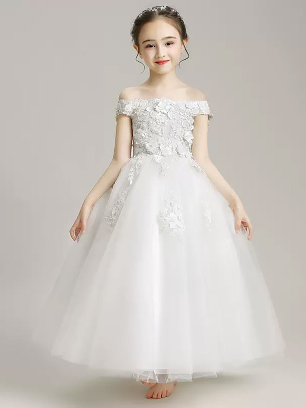 Girls' Princess Dress Puffy Gauze Off-shoulder Trailing Wedding Dress Piano Performance Costume - Dorabear