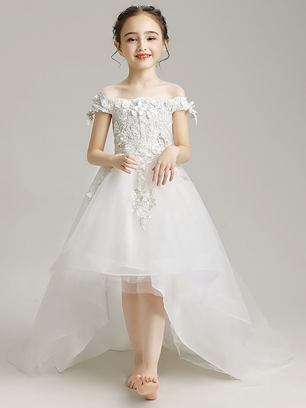 Girls' Princess Dress Puffy Gauze Off-shoulder Trailing Wedding Dress Piano Performance Costume - Dorabear