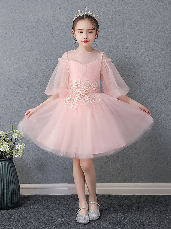 Girls' Princess Dress Puffy Gown Flower Girl Bubble Sleeve Wedding Dress - Dorabear