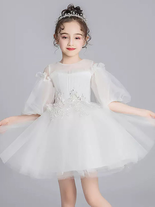 Girls' Princess Dress Puffy Gown Flower Girl Bubble Sleeve Wedding Dress - Dorabear