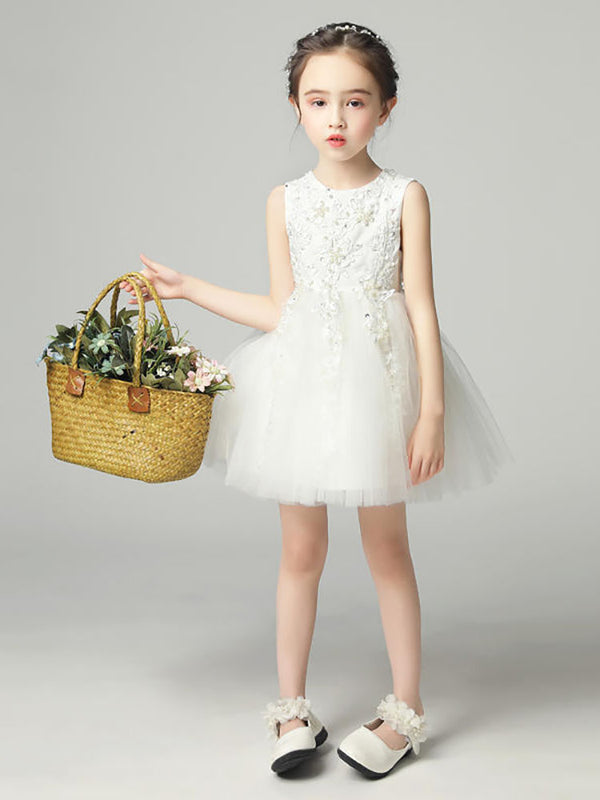 Girls' Puffy Princess Dress White Piano Performance Costume Flower Girl Wedding Gown - Dorabear