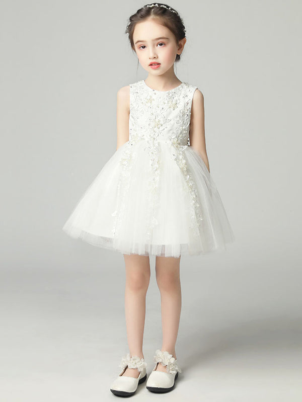 Girls' Puffy Princess Dress White Piano Performance Costume Flower Girl Wedding Gown - Dorabear