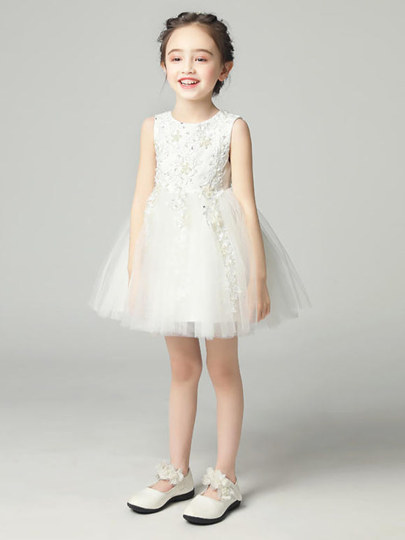 Girls' Puffy Princess Dress White Piano Performance Costume Flower Girl Wedding Gown - Dorabear