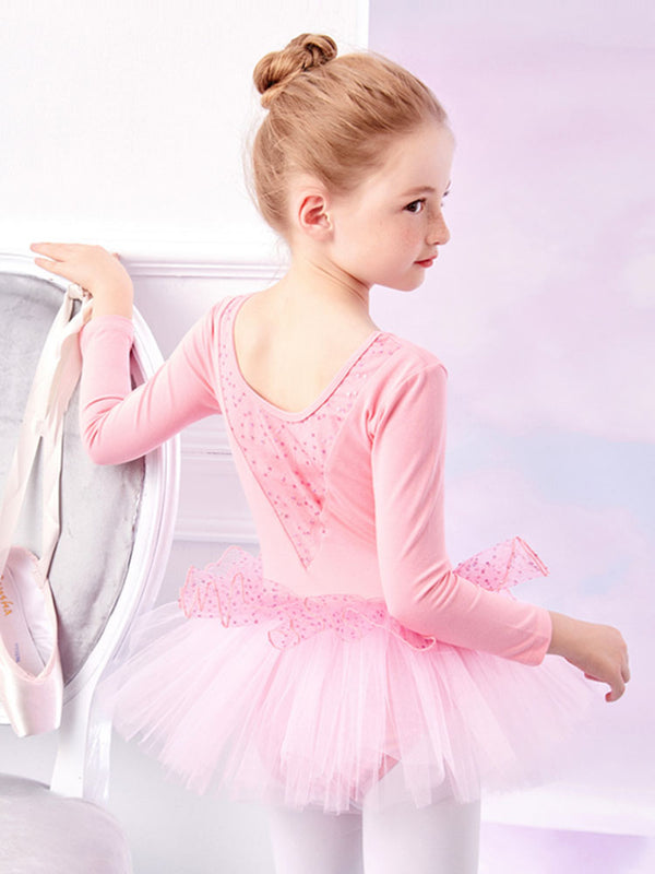 Sequined Bow Dance Dress Autumn/Winter Long-sleeved Ballet Clothing - Dorabear