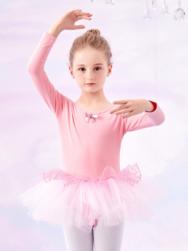 Sequined Bow Dance Dress Autumn/Winter Long-sleeved Ballet Clothing - Dorabear