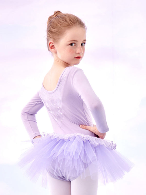 Sequined Bow Dance Dress Autumn/Winter Long-sleeved Ballet Clothing - Dorabear