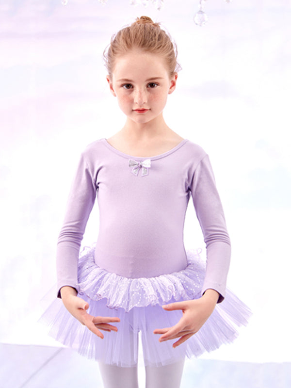 Sequined Bow Dance Dress Autumn/Winter Long-sleeved Ballet Clothing - Dorabear