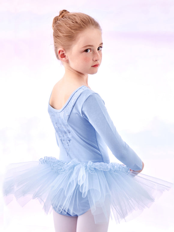 Sequined Bow Dance Dress Autumn/Winter Long-sleeved Ballet Clothing - Dorabear