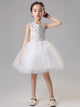 Girls' Sleeveless Piano Performance Costume Flower Girl White Princess Dress - Dorabear