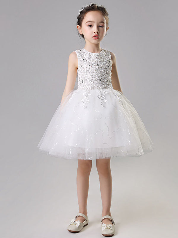 Girls' Sleeveless Piano Performance Costume Flower Girl White Princess Dress - Dorabear