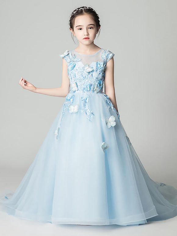 Girls' Trailing Wedding Dress Blue Walkshow Puffy Gauze Performance Costume - Dorabear