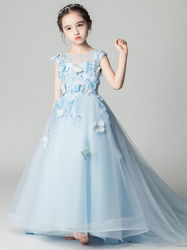 Girls' Trailing Wedding Dress Blue Walkshow Puffy Gauze Performance Costume - Dorabear