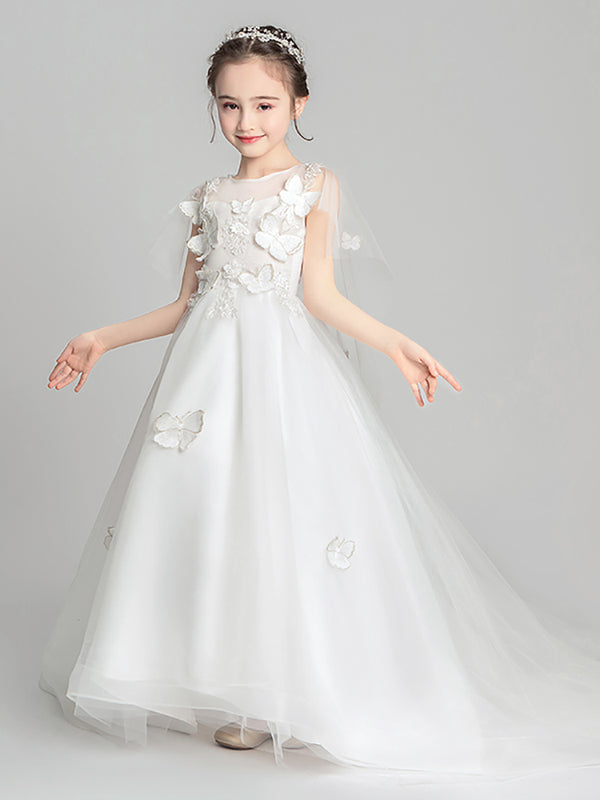 Girls' Trailing Wedding Dress Flower Girl Evening Gown Gauze Piano Performance Costume - Dorabear