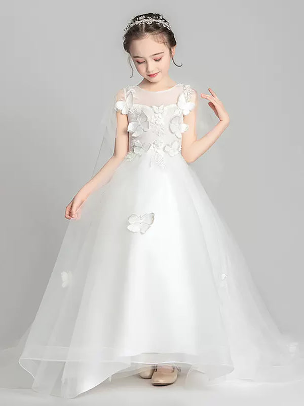 Girls' Trailing Wedding Dress Flower Girl Evening Gown Gauze Piano Performance Costume - Dorabear