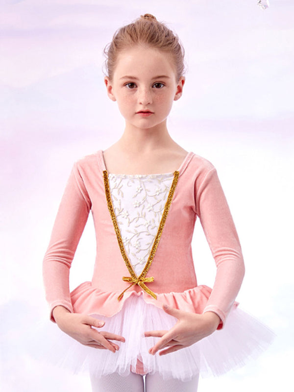 Velvet Paneled Long Sleeve Dance Dress Ballet One Piece Dress Practice Clothes - Dorabear