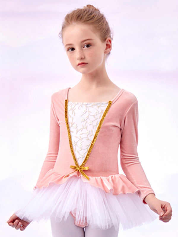 Velvet Paneled Long Sleeve Dance Dress Ballet One Piece Dress Practice Clothes - Dorabear