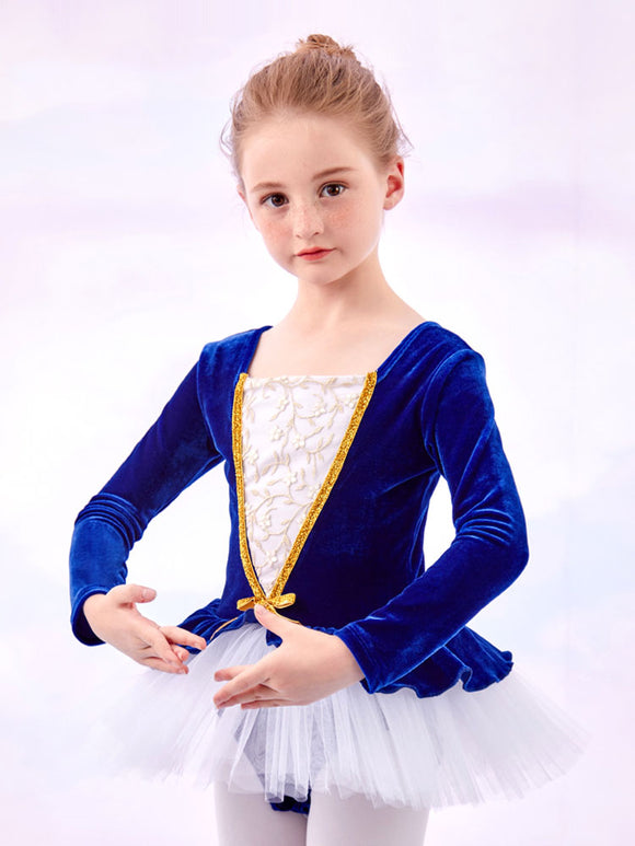 Velvet Paneled Long Sleeve Dance Dress Ballet One Piece Dress Practice Clothes - Dorabear