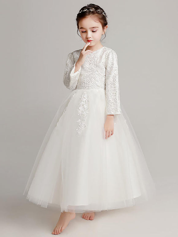 Girls' Wedding Dress Long-sleeved Piano Performance Costume Flower Kid Puffy Princess Dress - Dorabear