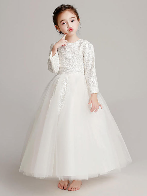 Girls' Wedding Dress Long-sleeved Piano Performance Costume Flower Kid Puffy Princess Dress - Dorabear