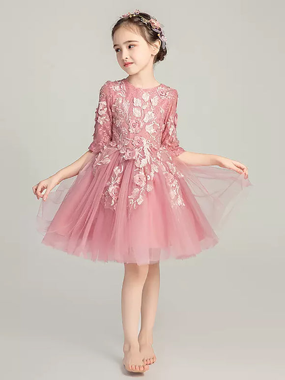 Girls' Wedding Dress Piano Performance Costume Long-sleeved Evening Gown Puffy Princess Dress - Dorabear