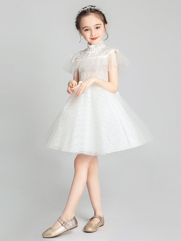 Girls' White Gauze Dress Flower Girl Puffy Gown Walk Show Performance Costume - Dorabear