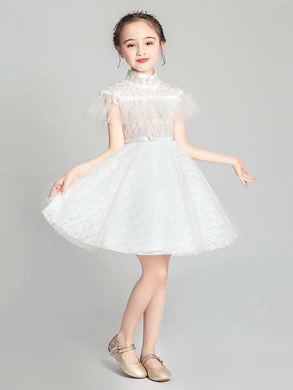 Girls' White Gauze Dress Flower Girl Puffy Gown Walk Show Performance Costume - Dorabear