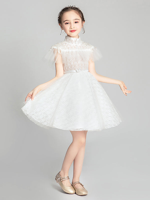 Girls' White Gauze Dress Flower Girl Puffy Gown Walk Show Performance Costume - Dorabear