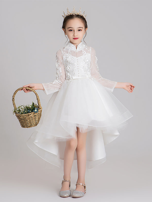 Girls' White Gown Flower Girl Long Sleeve Wedding Dress Autumn/Winter Performance Costume - Dorabear