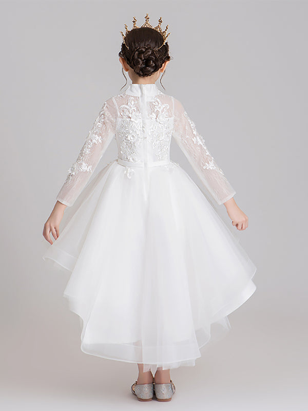 Girls' White Gown Flower Girl Long Sleeve Wedding Dress Autumn/Winter Performance Costume - Dorabear