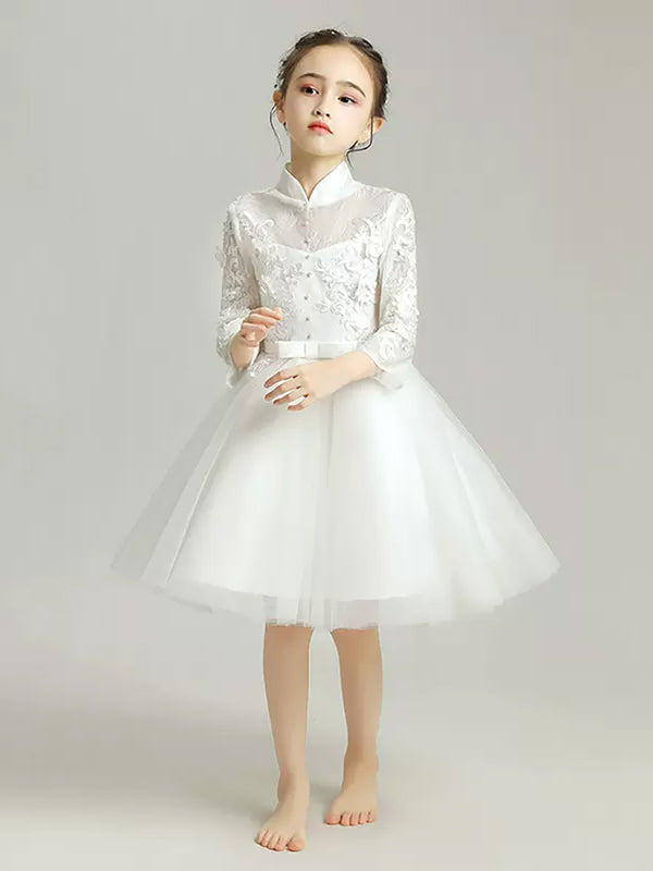 Girls' White Gown Flower Girl Long Sleeve Wedding Dress Autumn/Winter Performance Costume - Dorabear