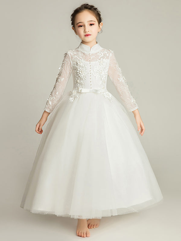 Girls' White Gown Flower Girl Long Sleeve Wedding Dress Autumn/Winter Performance Costume - Dorabear