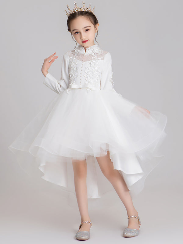 Girls' White Gown Flower Girl Long Sleeve Wedding Dress Autumn/Winter Performance Costume - Dorabear