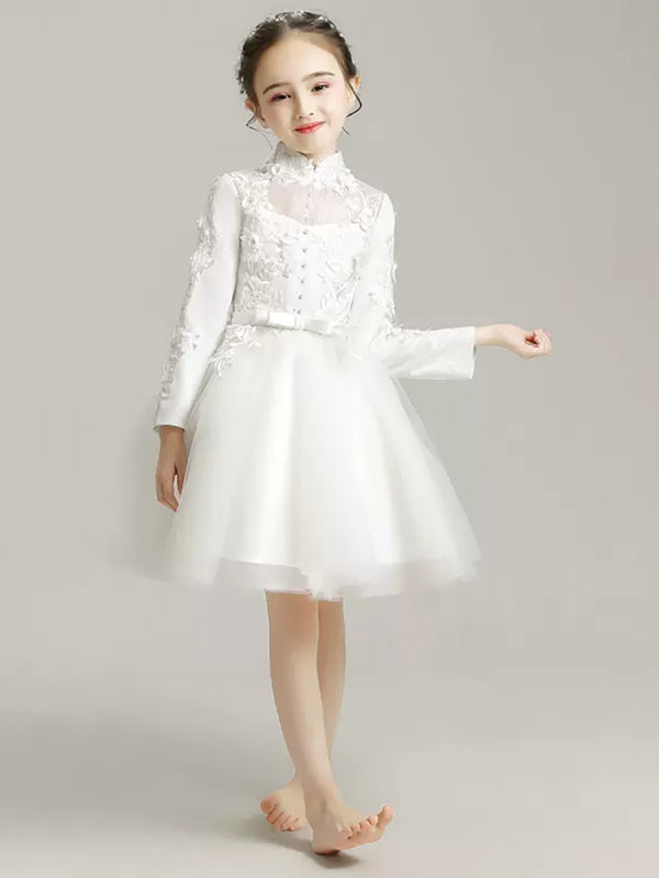 Girls' White Gown Flower Girl Long Sleeve Wedding Dress Autumn/Winter Performance Costume - Dorabear