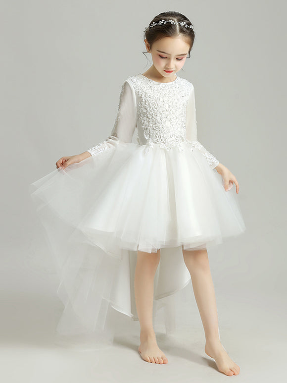 Girls' White Long-sleeved Princess Dress Puffy Dress Evening Gown Flower Kid's Wedding Dress - Dorabear