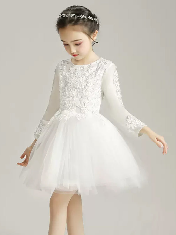 Girls' White Long-sleeved Princess Dress Puffy Dress Evening Gown Flower Kid's Wedding Dress - Dorabear