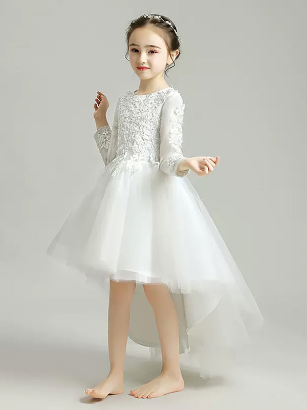 Girls' White Long-sleeved Princess Dress Puffy Dress Evening Gown Flower Kid's Wedding Dress - Dorabear